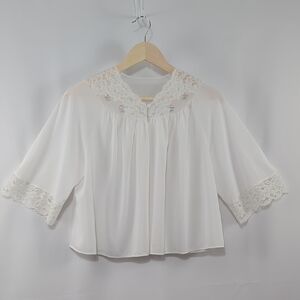 Vintage 60s ShadowLine White Nylon Lace Trim Bed Jacket Rose S Cottagecore Fairy